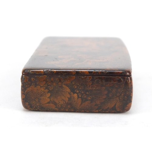 414 - 19th century lacquered treen snuff box, the hinged lid depicting a blind fiddley, 9.5cm wide