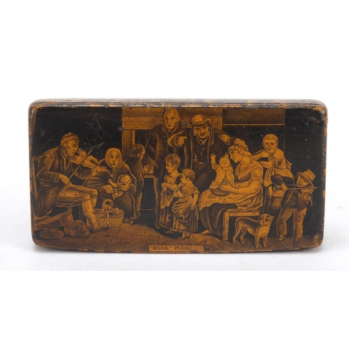 414 - 19th century lacquered treen snuff box, the hinged lid depicting a blind fiddley, 9.5cm wide