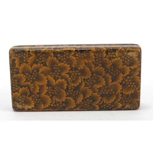 414 - 19th century lacquered treen snuff box, the hinged lid depicting a blind fiddley, 9.5cm wide