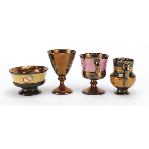 745 - Welsh lustre ware including a twin handled pedestal cup and jug, the largest 13cm high