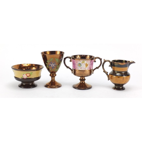 745 - Welsh lustre ware including a twin handled pedestal cup and jug, the largest 13cm high