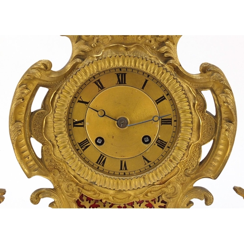 34 - 19th century French Ormolu acanthus design mantle clock with two branch candlestick garnitures, the ... 