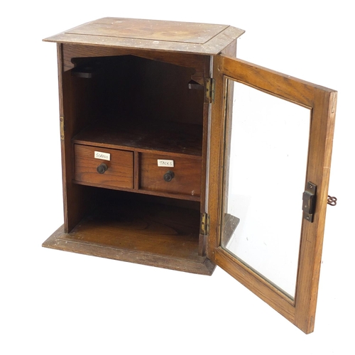 328 - Glazed oak cupboard with two drawers, 36.5cm H x 28cm W x 20cm D