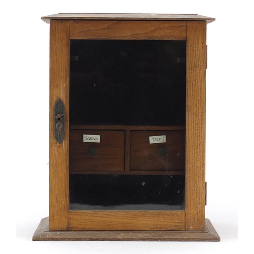 328 - Glazed oak cupboard with two drawers, 36.5cm H x 28cm W x 20cm D