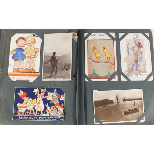 499 - Edwardian and later postcards arranged in an album including Margaret Tarrant, Mabel Lucy Attwell, L... 