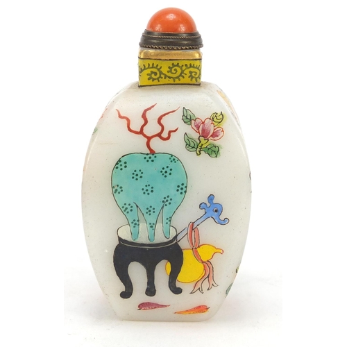 711 - Chinese glass snuff bottle hand painted with lucky objects, character marks to the base, 7.5cm high