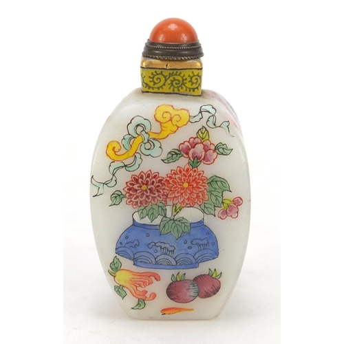 711 - Chinese glass snuff bottle hand painted with lucky objects, character marks to the base, 7.5cm high