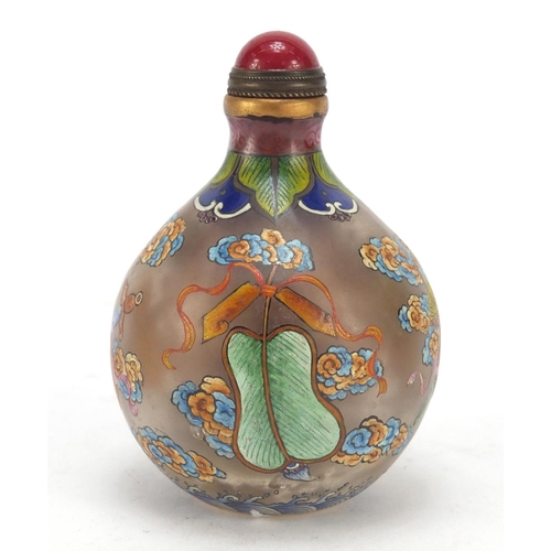 585 - Chinese glass snuff bottle hand painted with Daoist emblems, character marks to the base, 8cm high