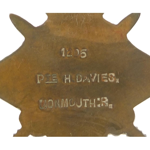 653 - British military World War I 1914-18 Star awarded to 1205PTE.H.DAVIES.MONMOUTH:R.