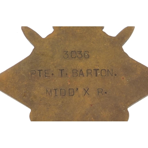 651 - British military World War I 1914-18 Star awarded to 3036PTE.T.BARTON.MIDD'XR. (Royal Flying Corps)