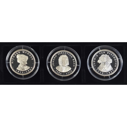 538 - Three German silver proof coins commemorating Richard Wagner, Johann Sebastian Bach and Ludwig Van B... 