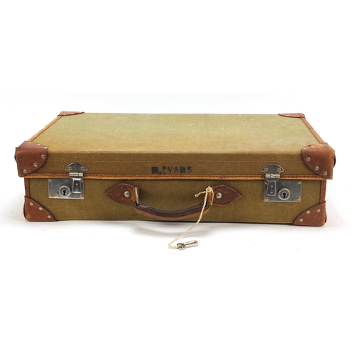 1170 - Military interest leather bound canvas suitcase, stamped marks to the interior, 25.5cm wide