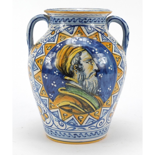 342 - Italian Maiolica twin handled pottery vase hand painted with a portrait of a bearded gentleman, cres... 