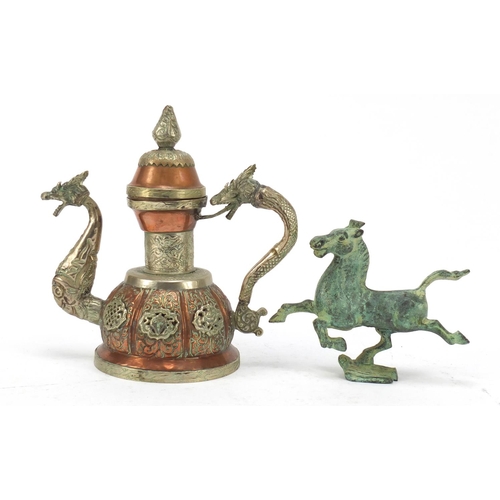 615 - Tibetan copper water pot with applied silver coloured metal mounts and a verdigris horse, the larges... 