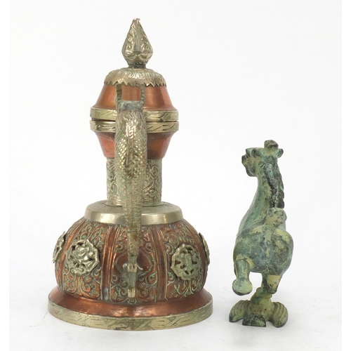 615 - Tibetan copper water pot with applied silver coloured metal mounts and a verdigris horse, the larges... 