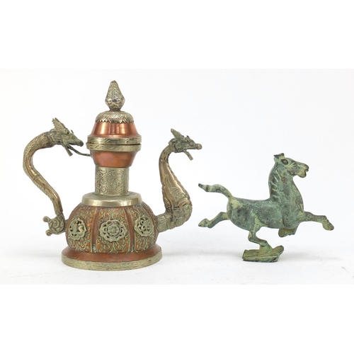 615 - Tibetan copper water pot with applied silver coloured metal mounts and a verdigris horse, the larges... 