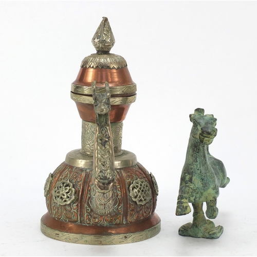 615 - Tibetan copper water pot with applied silver coloured metal mounts and a verdigris horse, the larges... 