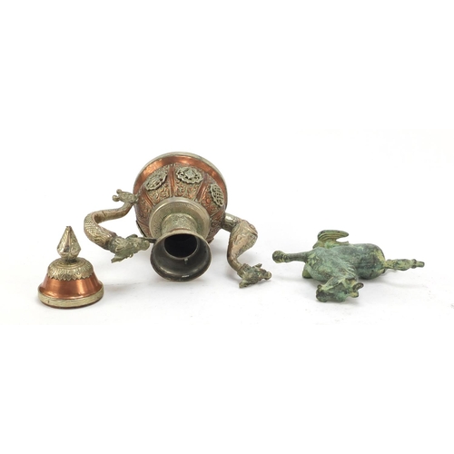 615 - Tibetan copper water pot with applied silver coloured metal mounts and a verdigris horse, the larges... 