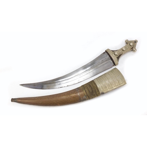 695 - Large Middle Eastern knife with engraved scabbard, 55cm in length