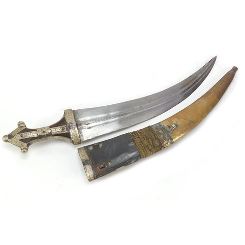 695 - Large Middle Eastern knife with engraved scabbard, 55cm in length