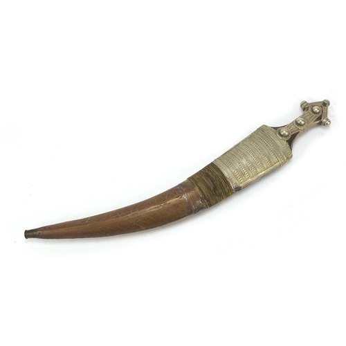 695 - Large Middle Eastern knife with engraved scabbard, 55cm in length