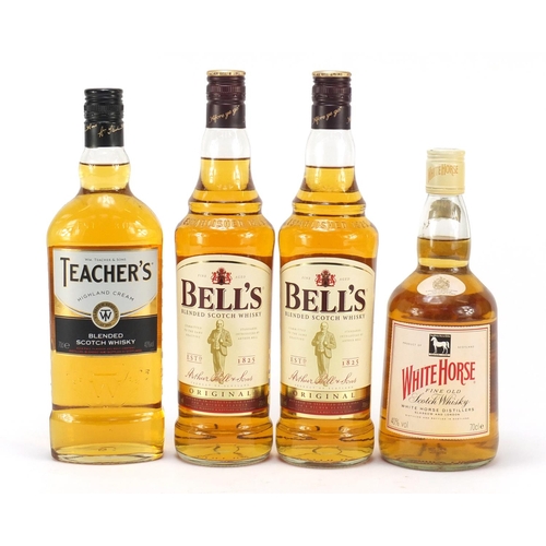 1605 - Four bottles of whiskey comprising White Horse, Teachers and Two Bells