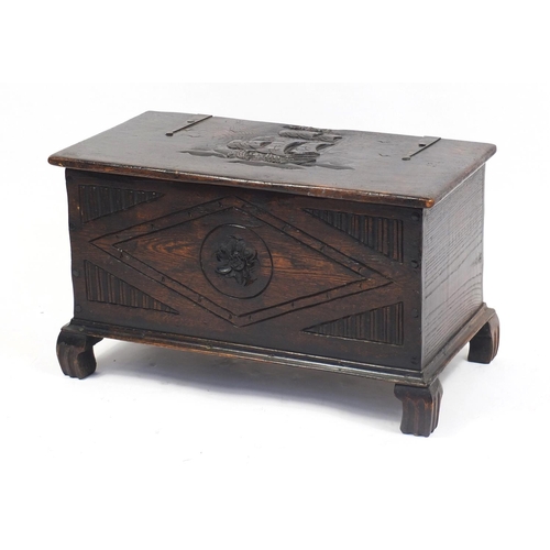 1317 - Antique oak blanket box carved with a clipper ship, 47cm H x 81cm W x 42cm D