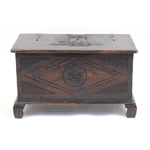 1317 - Antique oak blanket box carved with a clipper ship, 47cm H x 81cm W x 42cm D