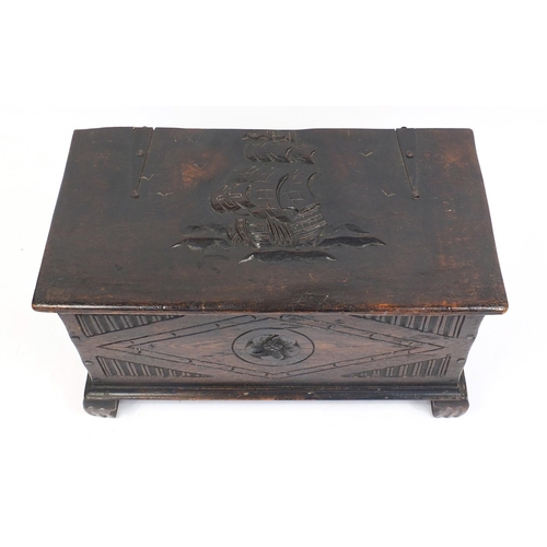 1317 - Antique oak blanket box carved with a clipper ship, 47cm H x 81cm W x 42cm D