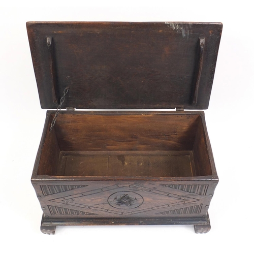 1317 - Antique oak blanket box carved with a clipper ship, 47cm H x 81cm W x 42cm D