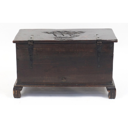 1317 - Antique oak blanket box carved with a clipper ship, 47cm H x 81cm W x 42cm D