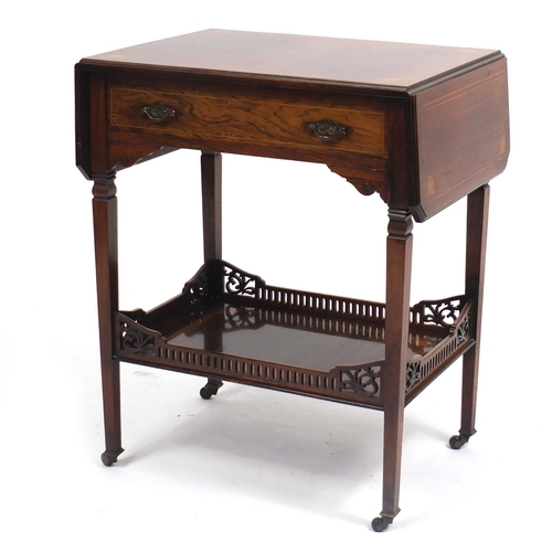 1314 - Inlaid rosewood drop leaf side table with frieze drawer above galleried under tier, 67cm H x 41cm D ... 