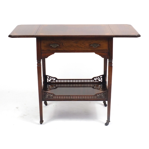 1314 - Inlaid rosewood drop leaf side table with frieze drawer above galleried under tier, 67cm H x 41cm D ... 