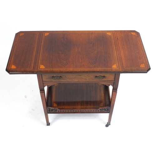 1314 - Inlaid rosewood drop leaf side table with frieze drawer above galleried under tier, 67cm H x 41cm D ... 