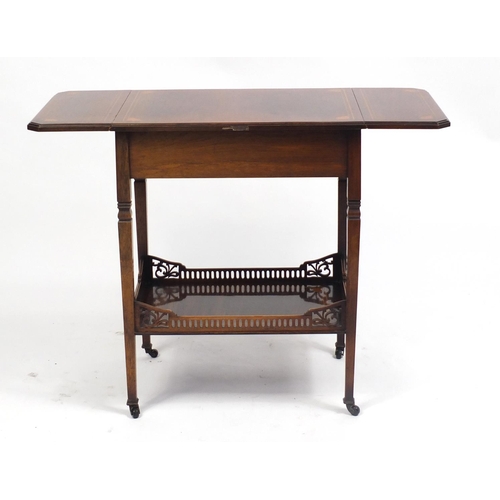 1314 - Inlaid rosewood drop leaf side table with frieze drawer above galleried under tier, 67cm H x 41cm D ... 