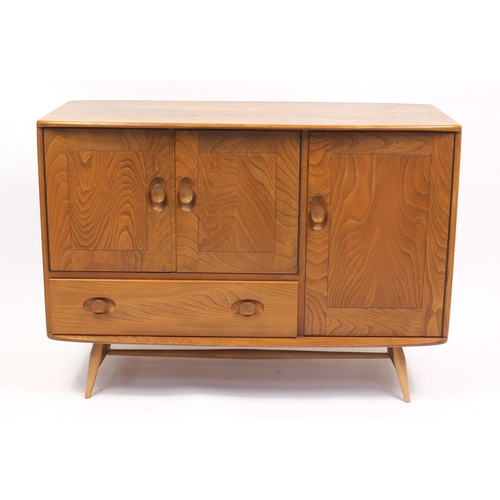 1301 - Ercol Windsor light elm sideboard with three cupboard doors and a drawer, 82cm H x 114cm W x 48cm D