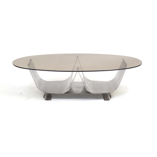 1331 - 1960's Heals design coffee table with smoked glass top and polished metal base, 32cm H x 120cm W x 6... 