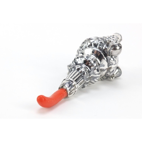 304 - Victorian design 800 grade silver baby's rattle with whistle, 15cm in length, 47.6g