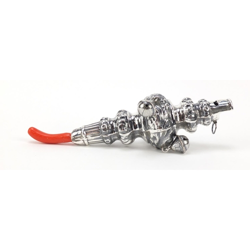 304 - Victorian design 800 grade silver baby's rattle with whistle, 15cm in length, 47.6g