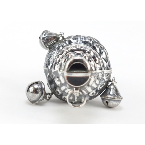 304 - Victorian design 800 grade silver baby's rattle with whistle, 15cm in length, 47.6g