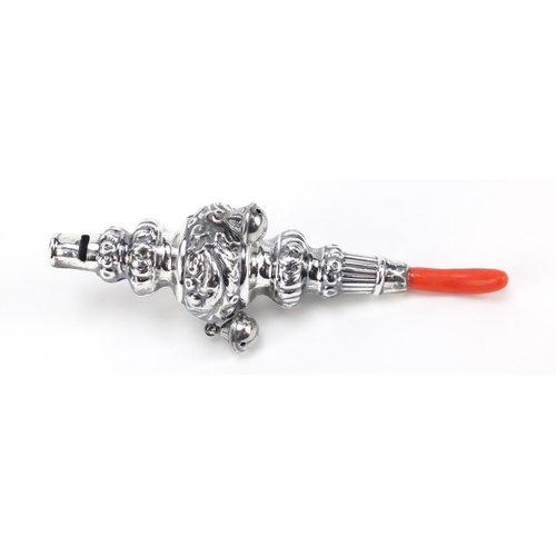 304 - Victorian design 800 grade silver baby's rattle with whistle, 15cm in length, 47.6g