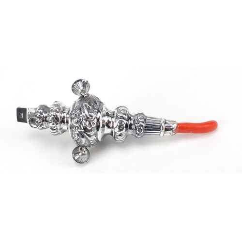 304 - Victorian design 800 grade silver baby's rattle with whistle, 15cm in length, 47.6g