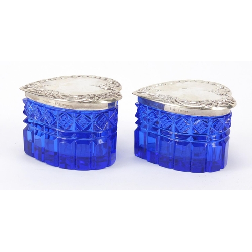 307 - Pair of blue cut glass love heart shaped boxes with sterling silver lids, 4.5cm high