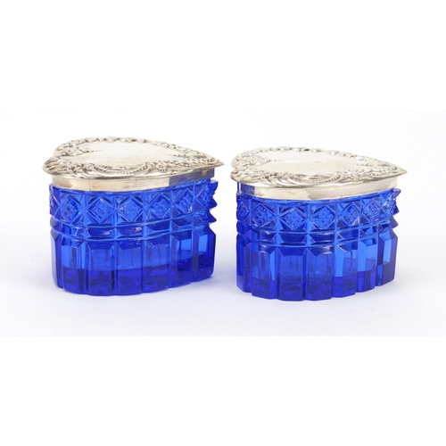 307 - Pair of blue cut glass love heart shaped boxes with sterling silver lids, 4.5cm high