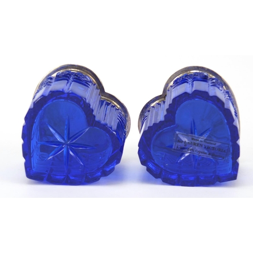 307 - Pair of blue cut glass love heart shaped boxes with sterling silver lids, 4.5cm high