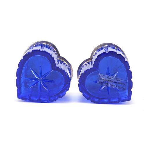 307 - Pair of blue cut glass love heart shaped boxes with sterling silver lids, 4.5cm high