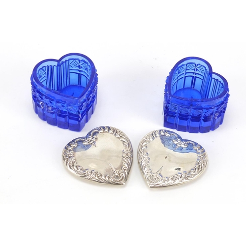 307 - Pair of blue cut glass love heart shaped boxes with sterling silver lids, 4.5cm high