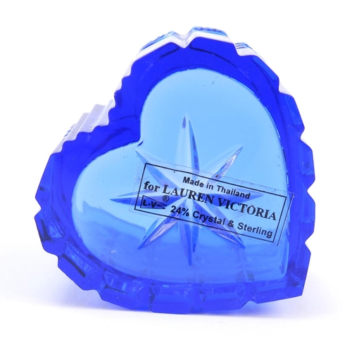 307 - Pair of blue cut glass love heart shaped boxes with sterling silver lids, 4.5cm high