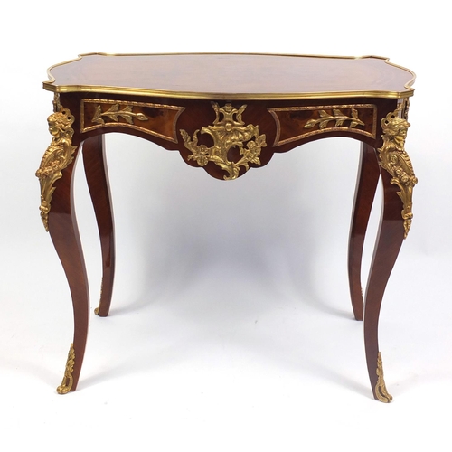 1318 - French inlaid kingwood bureau de plat with gilt metal mounts decorated with flowers, 78cm H x 92cm W... 