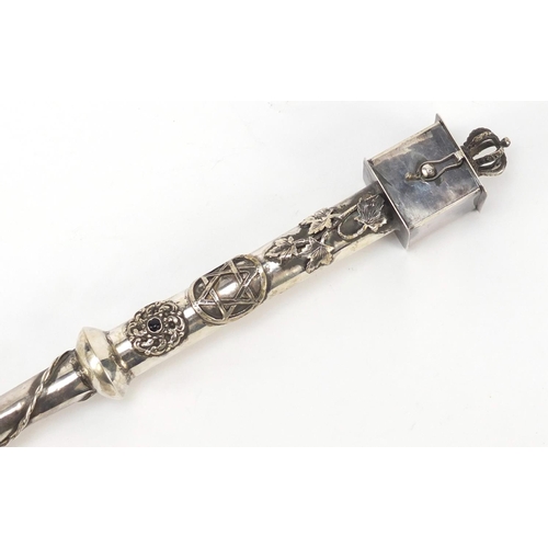 261 - Russian silver Jewish Torah pointer with coronation crown knop, impressed A.N 1798, 34cm in length, ... 